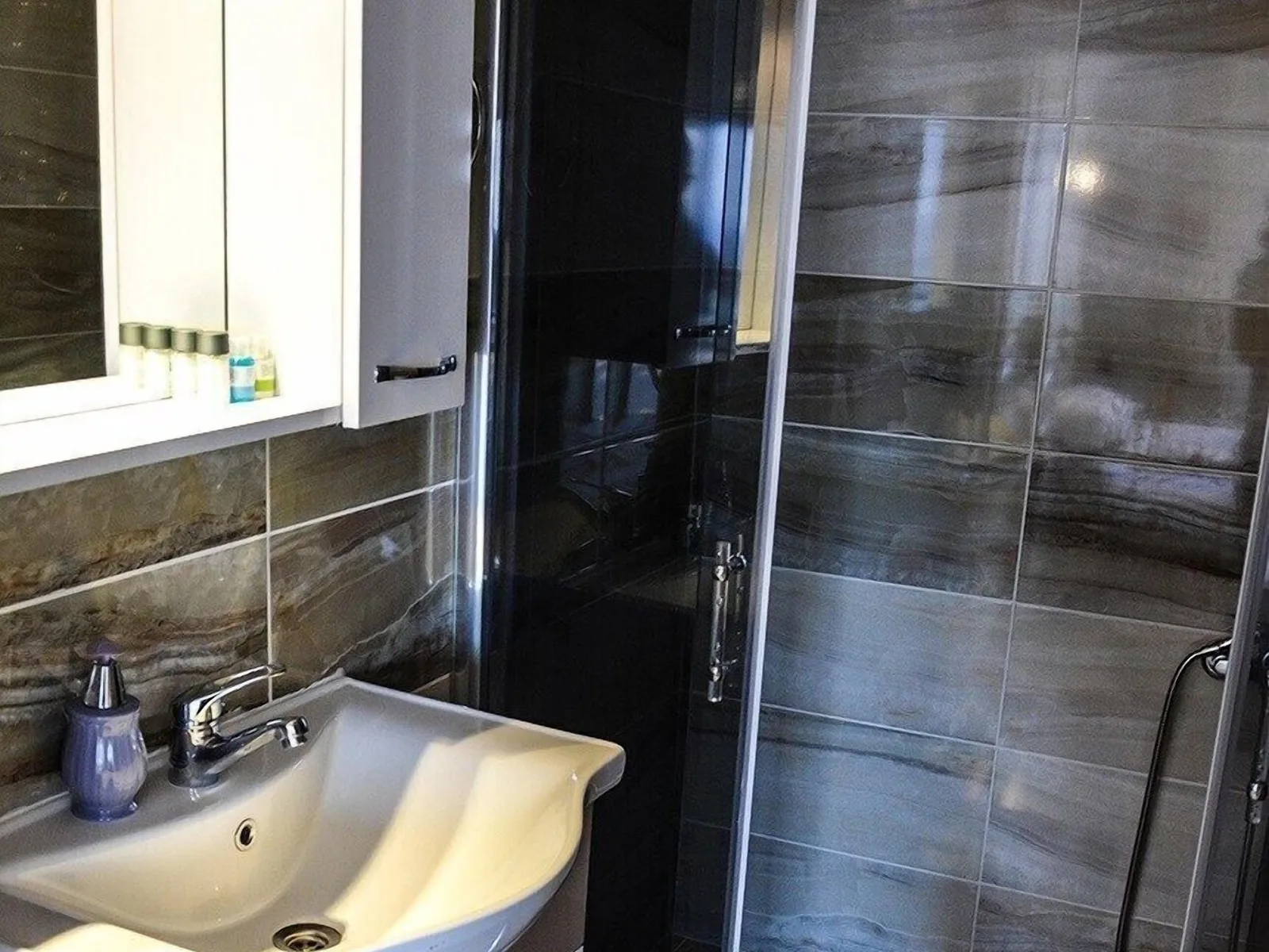 The room's bathroom: basin, mirrored cabinet and shower